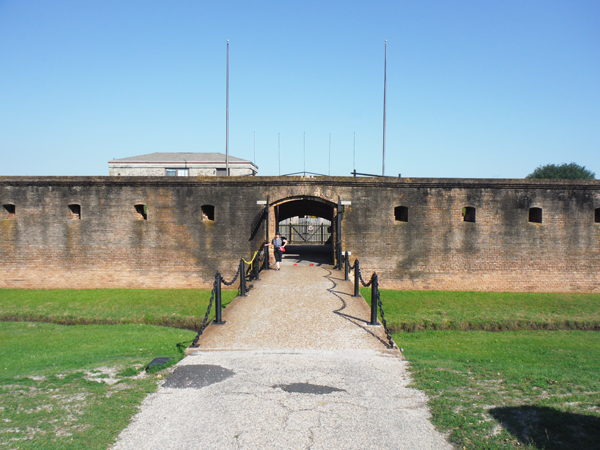 Karen at the entrance to Fort Gaines